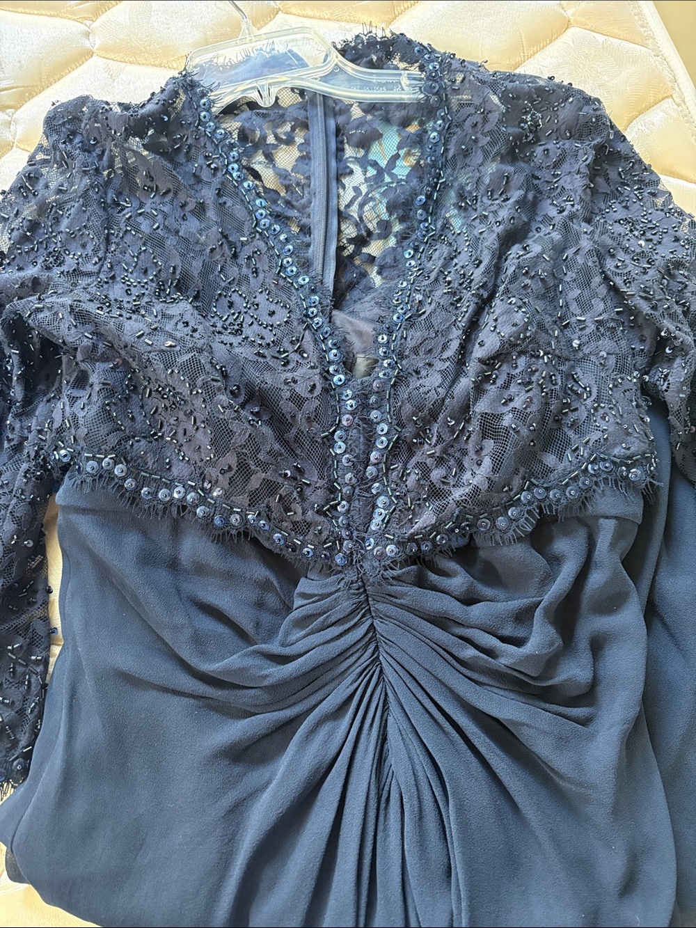 Tadashi Shoji Navy Long Sleeve Sequin Lace Evening Gown - Picture 3 of 4
